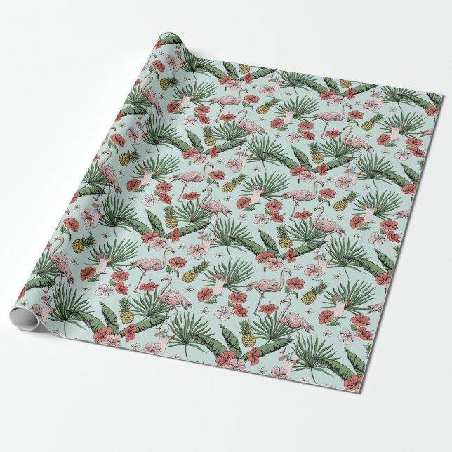 Tropical Mint Flamingo Floral Pattern Wrapping Paper (Unrolled)