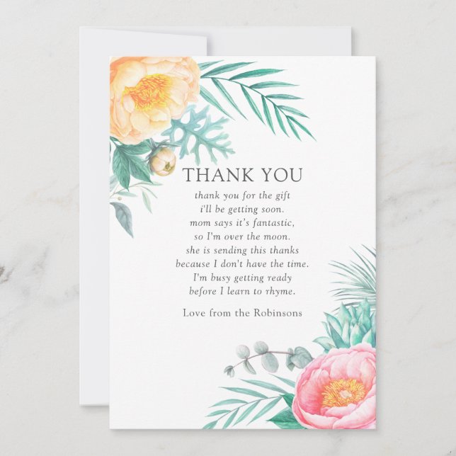 Tropical Mint Floral Baby Shower Thank You Card (Front)