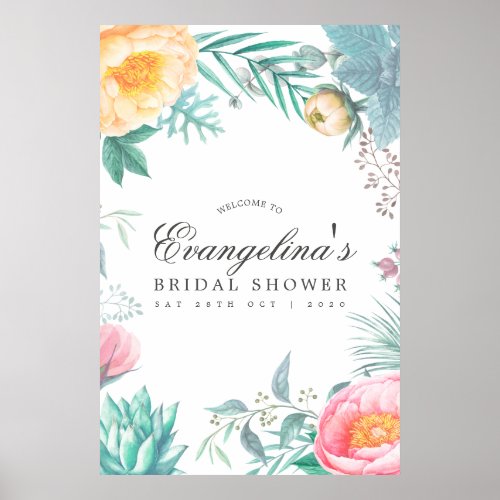 Tropical Mint Floral Summer Bridal Shower Welcome Poster