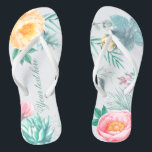 Tropical Mint Floral Summer Wedding Favor Flip Flops<br><div class="desc">Mint,  pink and yellow exotic summertime wedding favors featuring peonies,  eucalyptus,  rosehips,  succulent,  lisianthus,  menthol leaves and succulents.</div>