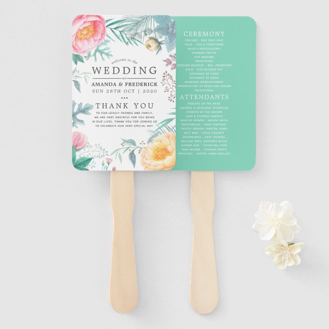 Tropical Mint Floral Summer Wedding Hand Fan (Front and Back)
