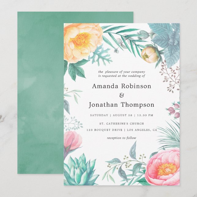 Tropical Mint Floral Summer Wedding Invitation (Front/Back)