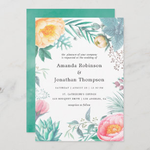 Tropical Mint Floral Summer Wedding Invitation