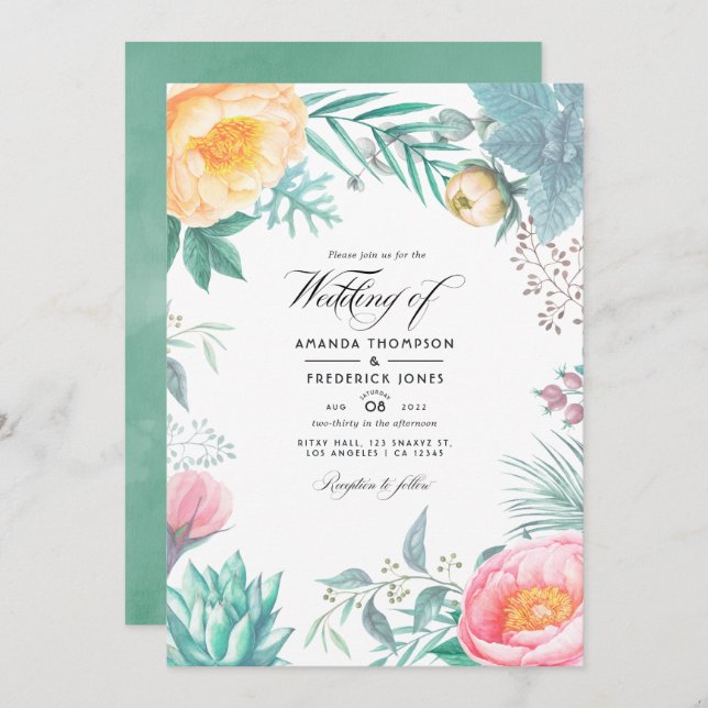 Tropical Mint Floral Summer Wedding Invitation (Front/Back)