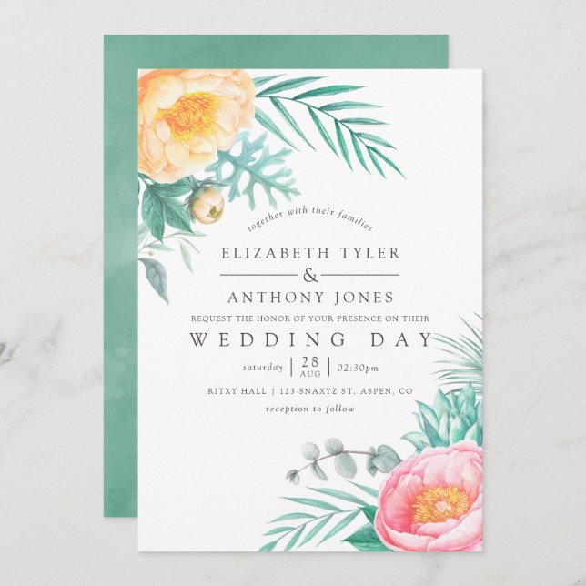 Tropical Mint Floral Summer Wedding Invitation (Front/Back)