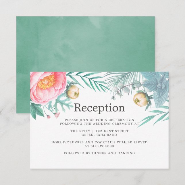 Tropical Mint Floral Summer Wedding Reception Invitation (Front/Back)