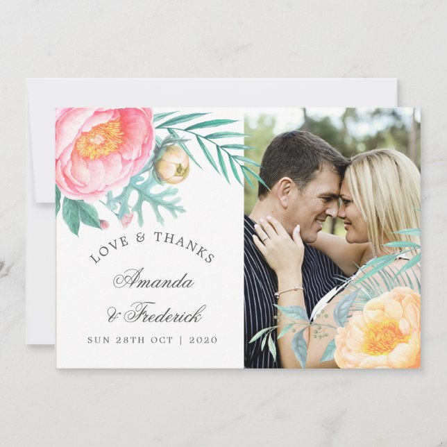 Tropical Mint Floral Summer Wedding Thank You Card (Front)