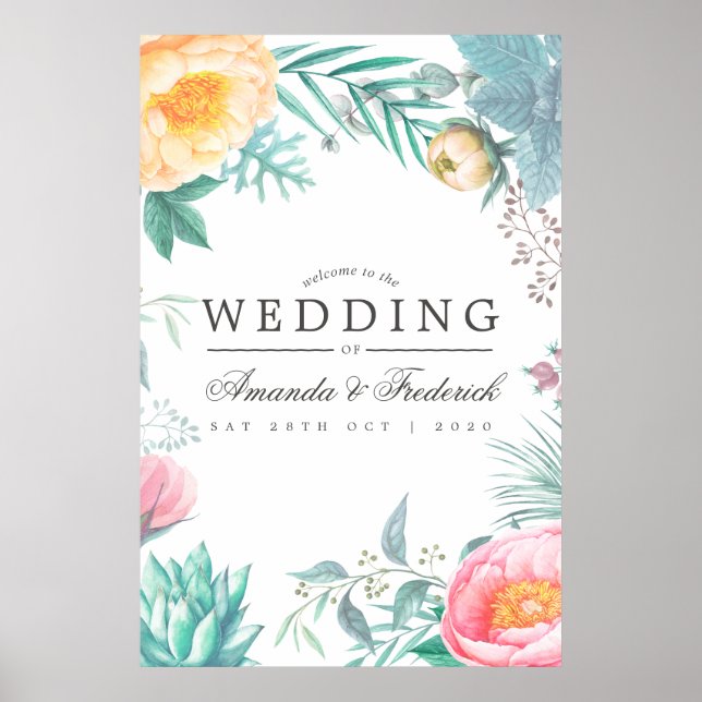 Tropical Mint Floral Summer Wedding Welcome Poster (Front)