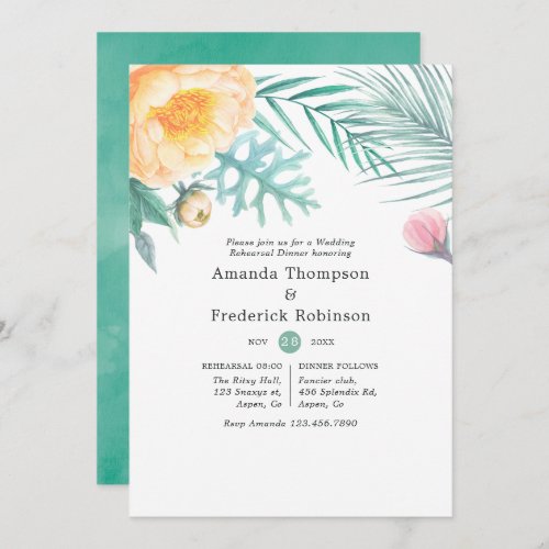 Tropical Mint Floral Watercolor Rehearsal Dinner Invitation