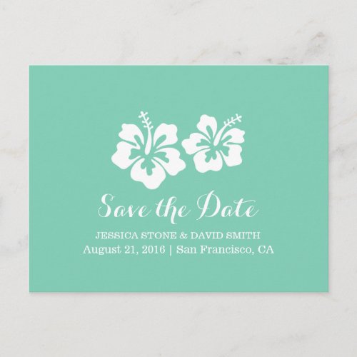 Tropical Mint Green Hibiscus Flower Save the Date Announcement Postcard