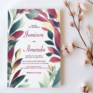 Tropical mint orange burgundy floral wedding invitation