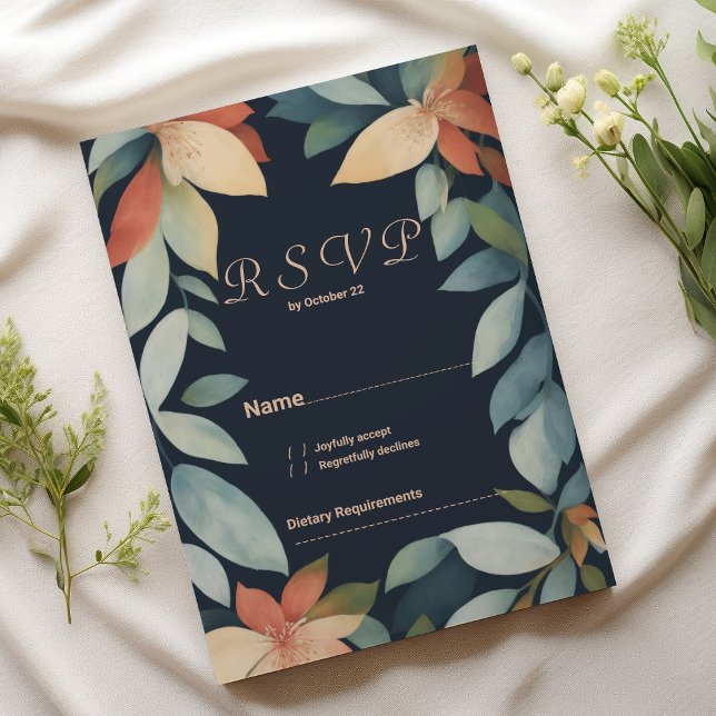 Tropical mint orange navy blue floral RSVP  Invitation (Tropical mint orange navy blue floral RSVP )