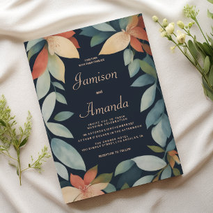 Tropical mint orange navy blue floral wedding invitation