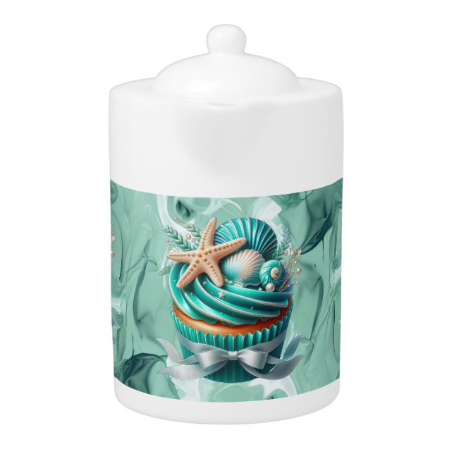 Tropical Mint Seashell Cupcake Porcelain Teapot (Front)