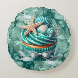 Tropical Mint Seashell Cupcake Round Pillow