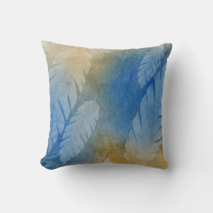 Tropical Misty Banana Leaves Blue Gold Watercolor Throw Pillow