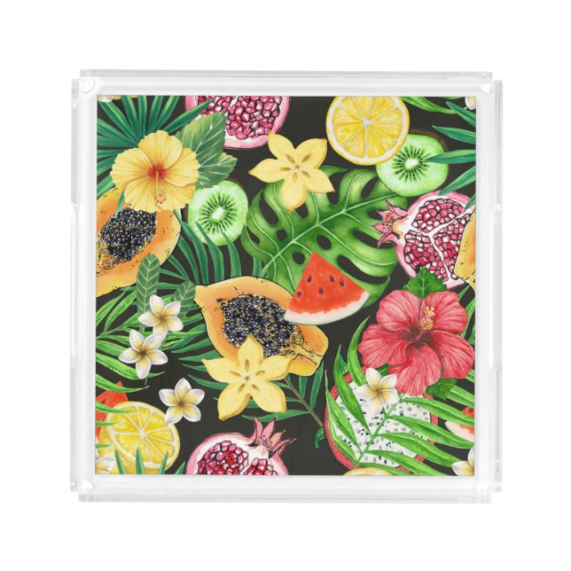 Tropical mix-fruit, flowers and leaves on black acrylic tray (Front)