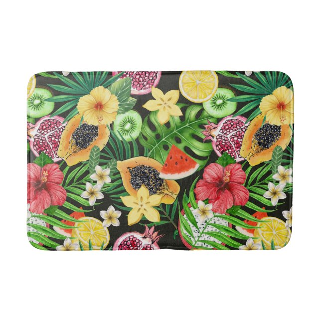Tropical mix-fruit, flowers and leaves on black bath mat (Front)