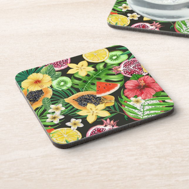 Tropical mix-fruit, flowers and leaves on black beverage coaster (Left Side)