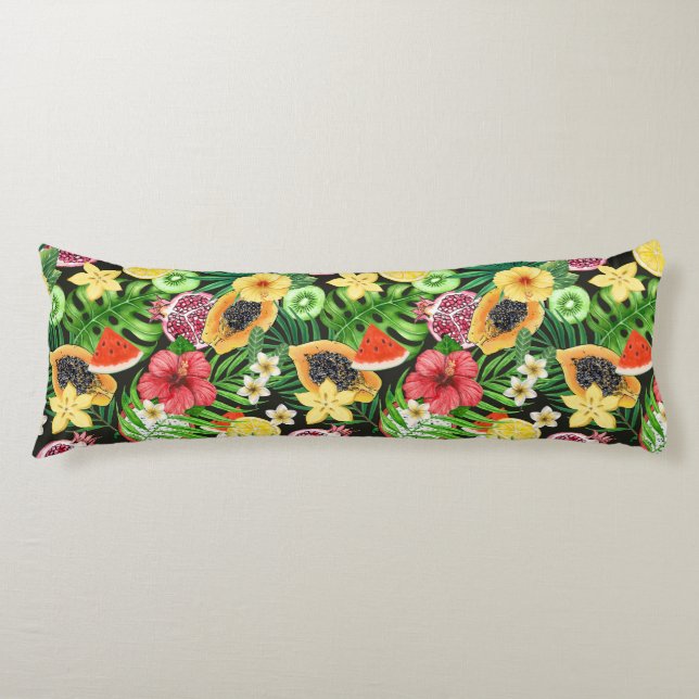 Tropical mix-fruit, flowers and leaves on black body pillow (Front)