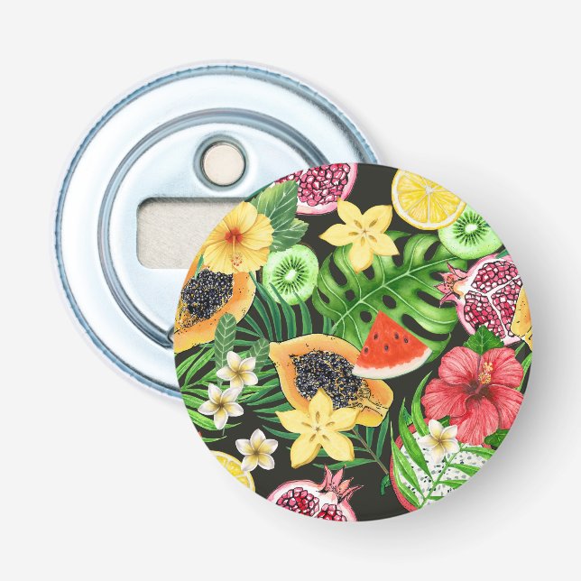 Tropical mix-fruit, flowers and leaves on black bottle opener (Front)