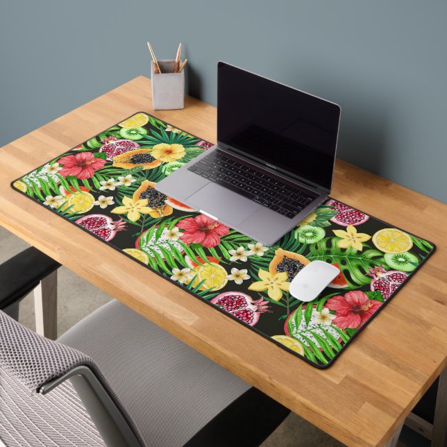 Tropical mix-fruit, flowers and leaves on black desk mat (Office 2)