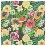 Tropical mix-fruit, flowers and leaves on black fabric