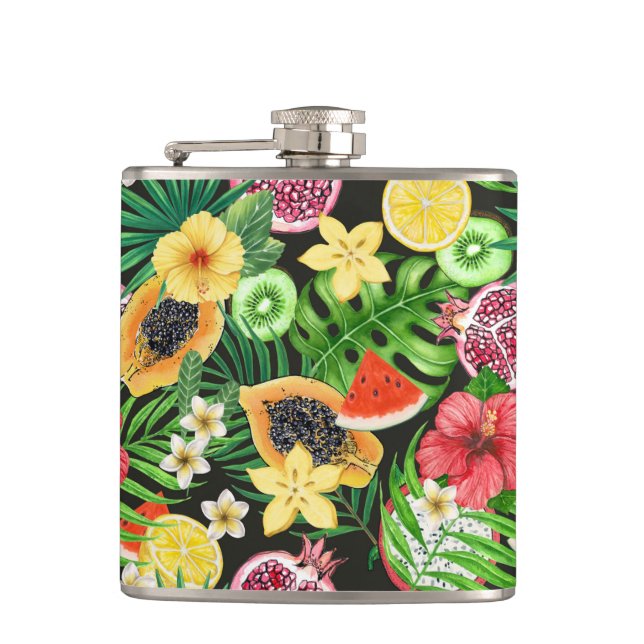 Tropical mix-fruit, flowers and leaves on black flask (Front)
