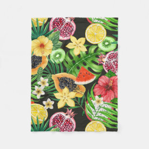 Tropical mix-fruit, flowers and leaves on black fleece blanket