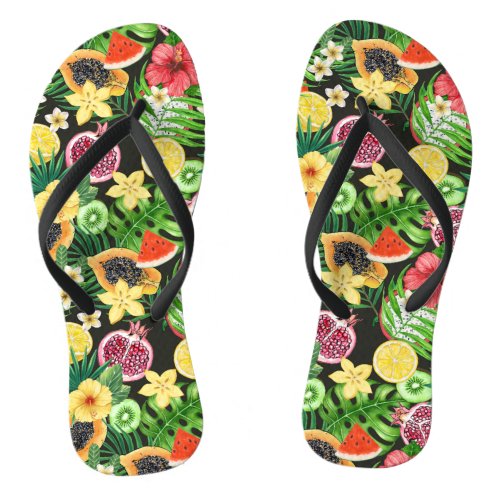 Tropical mix_fruit flowers and leaves on black flip flops