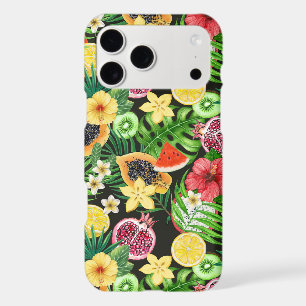 Tropical mix-fruit, flowers and leaves on black iPhone 17 pro max case