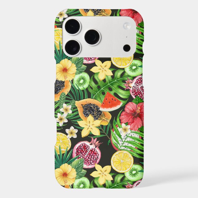 Tropical mix-fruit, flowers and leaves on black iPhone case (Back)
