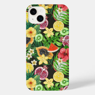 Tropical mix-fruit, flowers and leaves on black iPhone 14 plus case