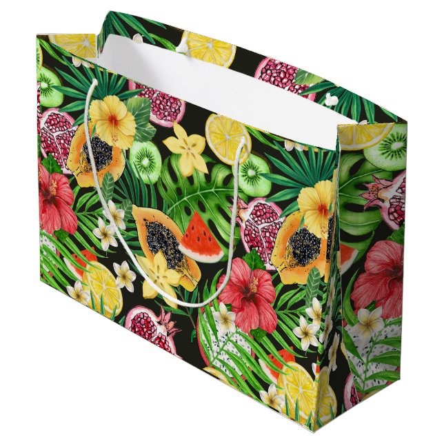 Tropical mix-fruit, flowers and leaves on black large gift bag (Back Angled)