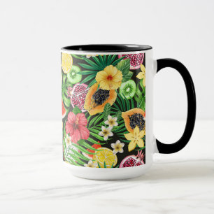 Tropical mix-fruit, flowers and leaves on black mug