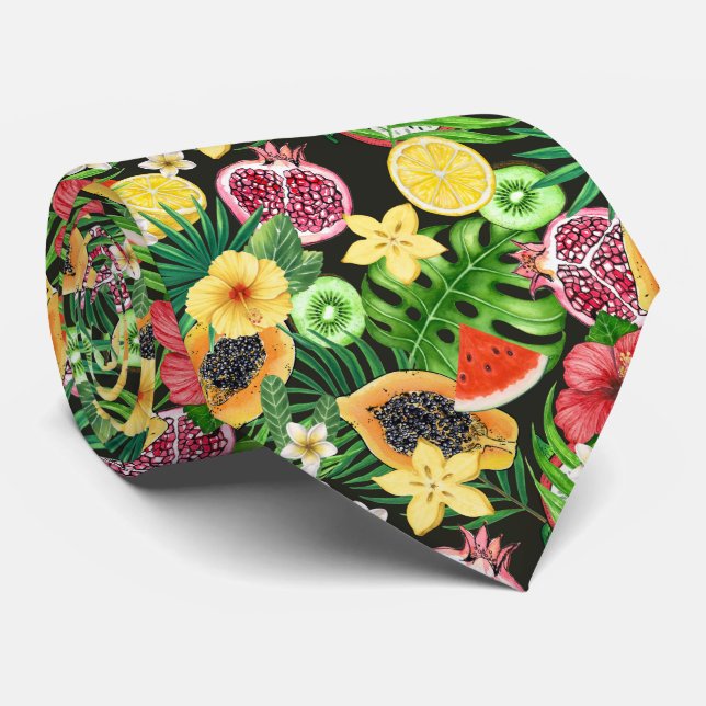Tropical mix-fruit, flowers and leaves on black neck tie (Rolled)