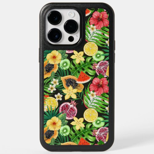 Tropical mix_fruit flowers and leaves on black OtterBox iPhone 14 pro max case