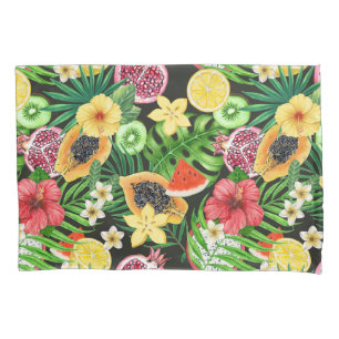 Tropical mix-fruit, flowers and leaves on black pillow case