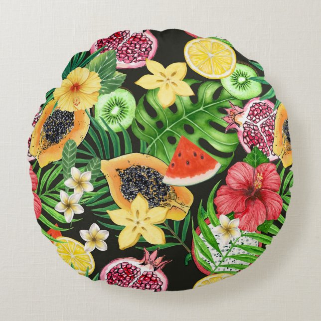 Tropical mix-fruit, flowers and leaves on black round pillow (Front)