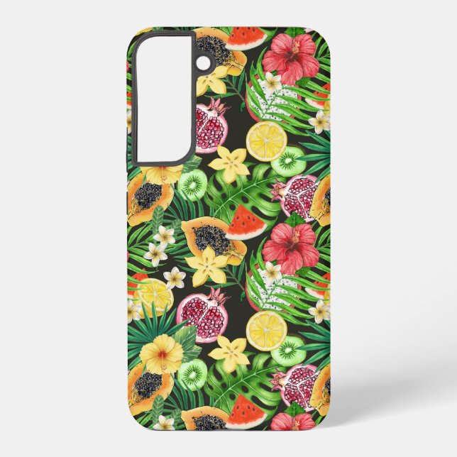 Tropical mix-fruit, flowers and leaves on black samsung galaxy case (Back)