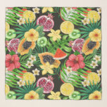 Tropical mix-fruit, flowers and leaves on black scarf<br><div class="desc">Hand- painted mix media pattern with various tropical fruits,  flowers and leaves</div>
