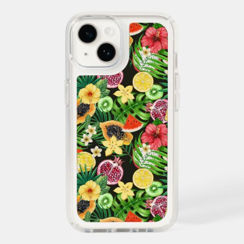 Tropical mix_fruit flowers and leaves on black speck iPhone 14 case