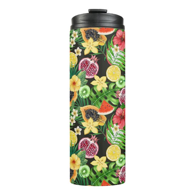 Tropical mix-fruit, flowers and leaves on black thermal tumbler (Front)