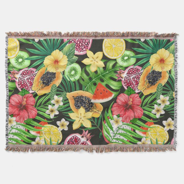 Tropical mix-fruit, flowers and leaves on black throw blanket (Front)