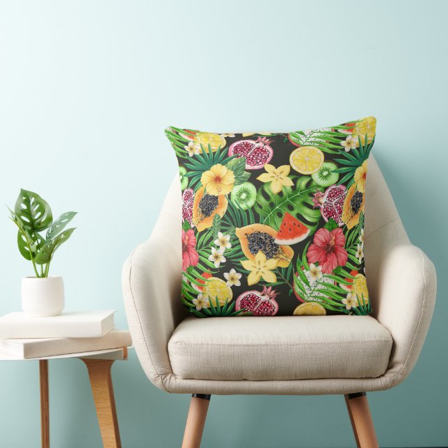 Tropical mix-fruit, flowers and leaves on black throw pillow (Chair)