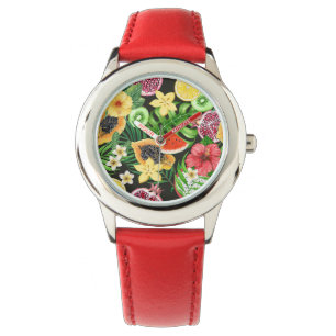 Tropical mix-fruit, flowers and leaves on black watch