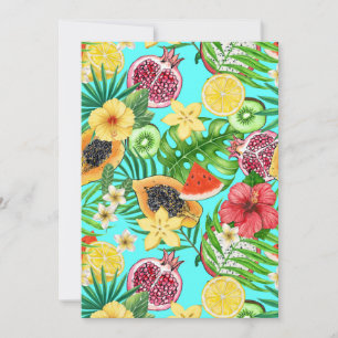 Tropical mix-fruit, flowers and leaves on blue