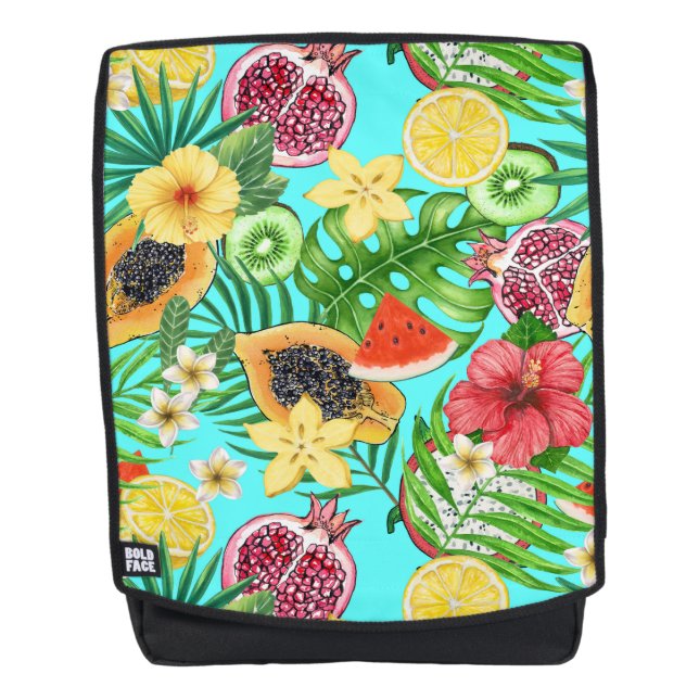 Tropical mix-fruit, flowers and leaves on blue backpack (Front)