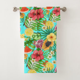 Tropical mix-fruit, flowers and leaves on blue bath towel set