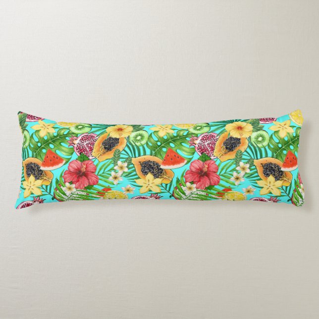Tropical mix-fruit, flowers and leaves on blue body pillow (Front)